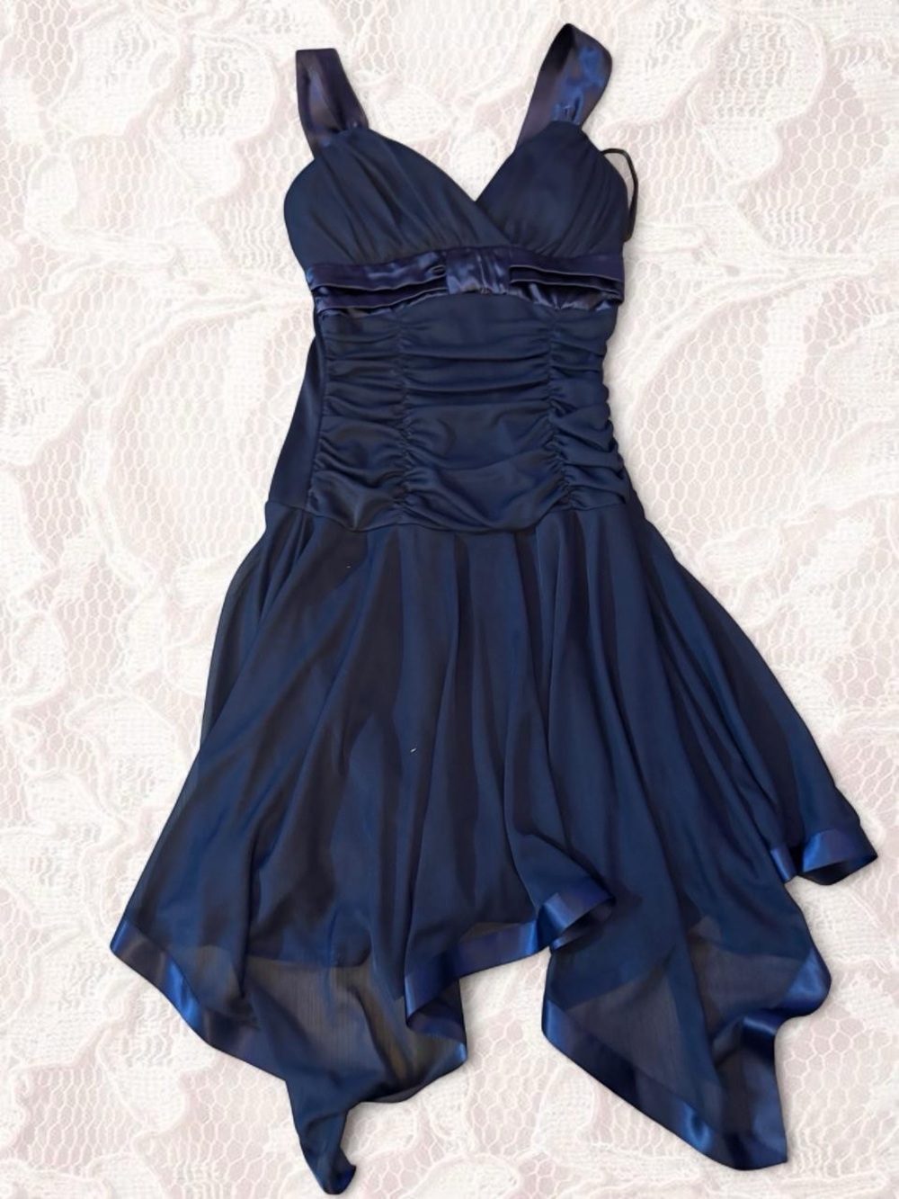 Deb Navy Satin-Trim Asymmetrical Handkerchief Hem Dress
